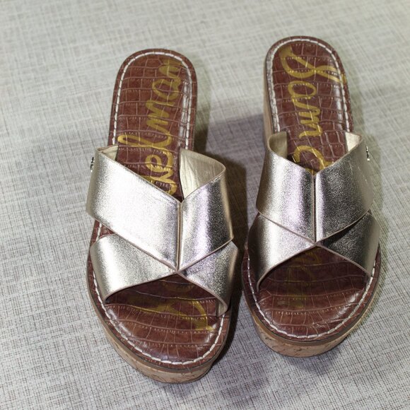 Sam Edelman Remini Gold Wedge Cork Heel Sandals - Picture 1 of 6